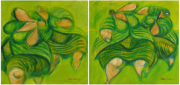 1-Fat Ladies in Green, 1999 RM 4,180.00-SOLD | Acrylic on canvas | 30.5 x 61cm (Diptych)