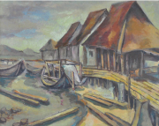 3-Houses on Stilts, Undated RM 10,450.00-SOLD | Oil on board | 47 x 55 cm