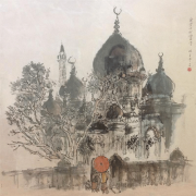 2-RM 60,480.00-SOLD Lim Tze Peng Sultan Mosque on Muscat Street, Singapore, 1970’s Oil on canvas 70 x70 cm
