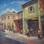3-RM 12,100.00-SOLD LOT 17 Lui Cheng Thak "Street Scene" (2011) Oil on canvas 90 x 90 cm RM 7,000 - RM 12,000