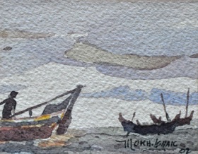 22-Mokhtar Ishak. Fishermen at Pantai Malawi (2002) 7.5cm x 6cm watercolour on paper