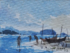 23-Mokhtar Ishak. Fishermen at Pantai Malawi (2002) 8 cmx 6cm watercolour on paper