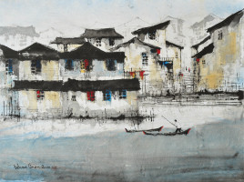 6-Jehan-Chan-B.-Melaka,-1937-2011--Houses-by-the-River,-2000--Signed-and-dated-“Jehan-Chan-2000”,-with-one-seal-of-the-artist-on-lower-left-Watercolour-on-paper-71-x-94-cm