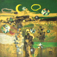 Zulkifli-Talha-Green-And-Gold-Khatulistiwa-Acrylic-on-canvas-100-x-100-cm