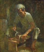 53-Lui-Cheng-Thak,-1967,-Scissor-Sharpening,-2007,-Oil-on-canvas,-50-x-40-cm
