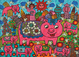 13-Erica,-The-Pigs-Around-the-World,-Acrylic-on-canvas,-79-x-109cm