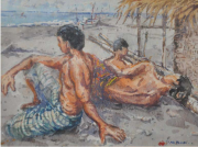 1-Fisherman Resting, Kuala Terengganu, 1989 RM 3,850.00-SOLD | Watercolour on paper | 12 x 16.5 cm