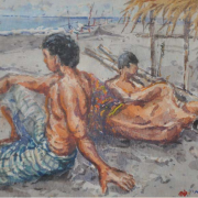 1-Fisherman Resting, Kuala Terengganu, 1989 RM 3,850.00-SOLD | Watercolour on paper | 12 x 16.5 cm
