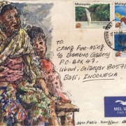 5-RM 8,250.00-SOLD LOT 25 Chang Fee Ming "Waiting for the Next Ride" (1994) Watercolour and ink on stamped envelope 12.4 x 17.8 cm RM 6,000 - RM 9,000