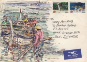 6-RM 6,600.00-SOLD Chang Fee-Ming,East Coast Fishermen, 1995,14 x 19.7 cm, Watercolour and ink on envelope