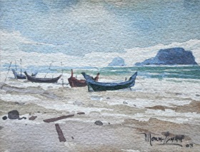 24-Mokhtar Ishak. Fishing Boats at Pantai Sabak (2003) 14cmx 10.5cm watercolour on paper