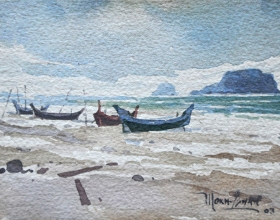 24-Mokhtar Ishak. Fishing Boats at Pantai Sabak (2003) 14cmx 10.5cm watercolour on paper