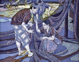 5-Ismail Mat Hussin. Knitting Fishing Nets, (2008) Batik. 105cm x 105cm