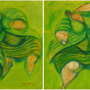 1-Fat Ladies in Green, 1999 RM 4,180.00-SOLD | Acrylic on canvas | 30.5 x 61cm (Diptych)
