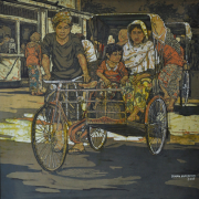 10-RM 22,000.00-SOLD Ismail Mat Hussin _Two trishaws_ (2008) Batik 76cm x 92cm RM 32000