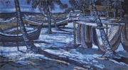 11-RM 20,900.00-SOLD Ismail Mat Hussin "Pantai Sabak Boats" (2008) Batik, 62cm x 113cm