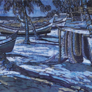 11-RM 20,900.00-SOLD Ismail Mat Hussin "Pantai Sabak Boats" (2008) Batik, 62cm x 113cm