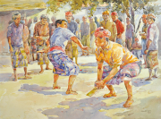 9-RM 7,700.00-SOLD Ismail Mat Hussin "Bermain Gasing" (2001) Watercolour on paper 55 x 74.5 cm RM 4,500 - RM 6,500