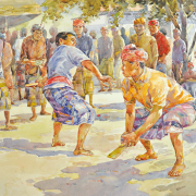 9-RM 7,700.00-SOLD Ismail Mat Hussin "Bermain Gasing" (2001) Watercolour on paper 55 x 74.5 cm RM 4,500 - RM 6,500