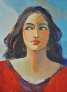 52-RM 16,800.00-SOLD Khalil Ibrahim _Portrait of A Lady in Red_ (2003) Acrylic on Canvas 28 cm X 38.5 cm RM 28,000