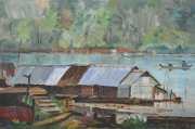 54-RM 56,000.00-SOLD Khalil Ibrahim "Kota Bharu Boathouses (Rumah Rakit Kota Bharu)" 1960, Oil On Canvas 40.5cm x 61cm RM 95,000