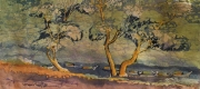Leng Long Looi River Landscape with Boats Batik on rice paper 20 x 45cm