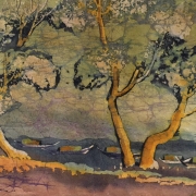 Leng Long Looi River Landscape with Boats Batik on rice paper 20 x 45cm