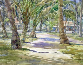 15-Ismail Mat Husin, Pokok Kelapa di Tepi Pantai, 2008. 71cm x 87cm. Watercolour on Paper
