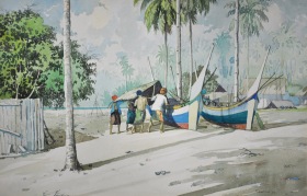 26-M.Zain. Fishermen by the Beach, 1979. Watercolour on Paper. 36.3cm x 55.6cm