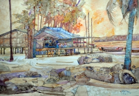 27-Maamor Jantan. The Sunset in Pengkhalan Chepa Fishing Village, 2010.Watercolour on Paper.73cm x 51cm