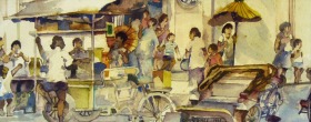 52-Tan Choon Ghee. Street Hawker Scene, 1985. Watercolour on Paper. 50 x 20cm
