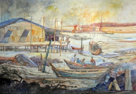 22-Maamor Jantan, East Coast Fishing Village (2010) Watercolour on Paper 101cm x 73cm