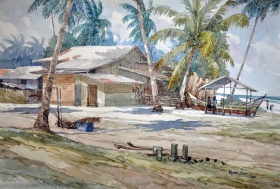 23-Mokhtar Ishak, Fishing Village in Kota Bharu (2011) Watercolour on Paper 55.5cm x 38cm