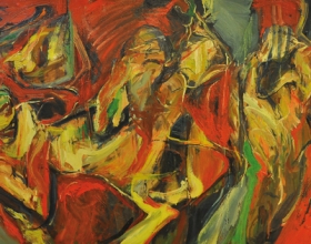 62-SOLD Yusof Ghani "Siri Tari Alam Kerja Kebisingan" 1992 Oil on canvas 91.5 x 168cm