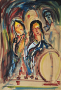 RM 5,040.00-SOLD  Lot 16 Nikhil Biswas "Ladies at a mirror" (1956) 56cm x 37cm Watercolour with guoache