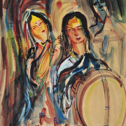 RM 5,040.00-SOLD  Lot 16 Nikhil Biswas "Ladies at a mirror" (1956) 56cm x 37cm Watercolour with guoache