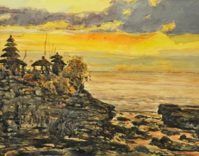 35-Shafurdin Habib, Bali Series, Sunset at Tanah Lot (2009) 30.5cm X 45.8cm, Watercolour on Paper