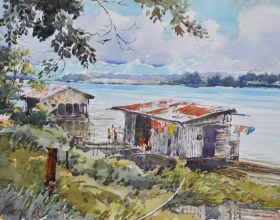 46-Shafurdin Habib, Rumah Rakit Kota Bharu (2010) 30.5cm X 45.8cm, Watercolour on Paper