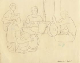 46-Wayang kulit musicians, 1971 Pen & Ink on Paper | 20.2cm x 24.5cm