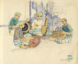 47-Wayang kulit musicians, 1972 Pen & Ink on Paper | 20.2cm x 24.5cm