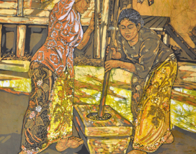 68-Ismail Mat Hussin "Pounding Rice" (2009) Batik 76cm x 90cm RM 28000