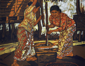 69-Ismail Mat Hussin "Pounding Rice" (2010) Batik 65cm x 60.5cm GIFT