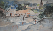 1-RM 12,100.00-SOLD | Watercolour on paper | 36 x 55 cm Yong Mun Sen Landscape with bridge 1953 Watercolor 55 x 36 cm